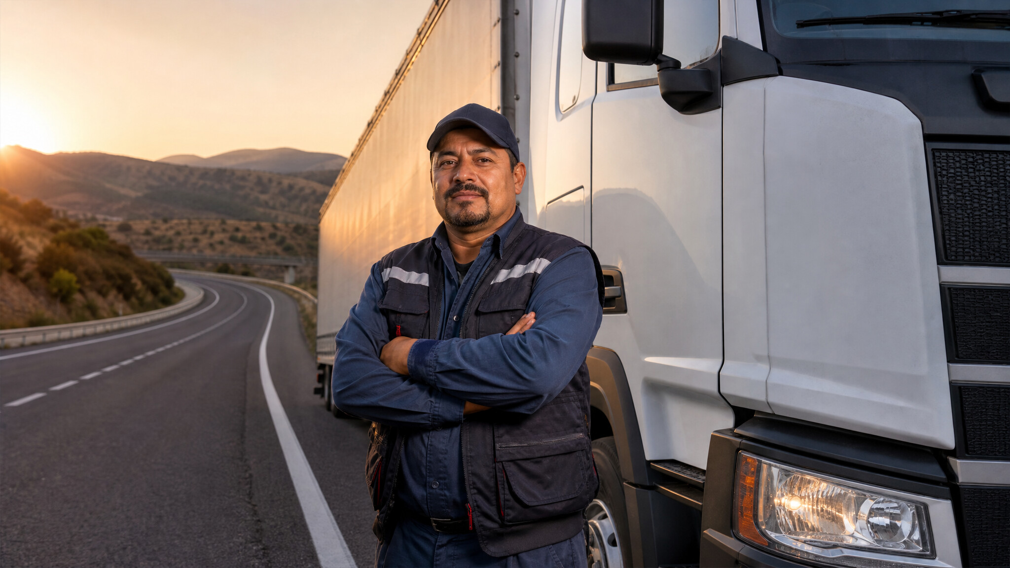 Chofer logístico latinoamericano junto a su camión articulado en España